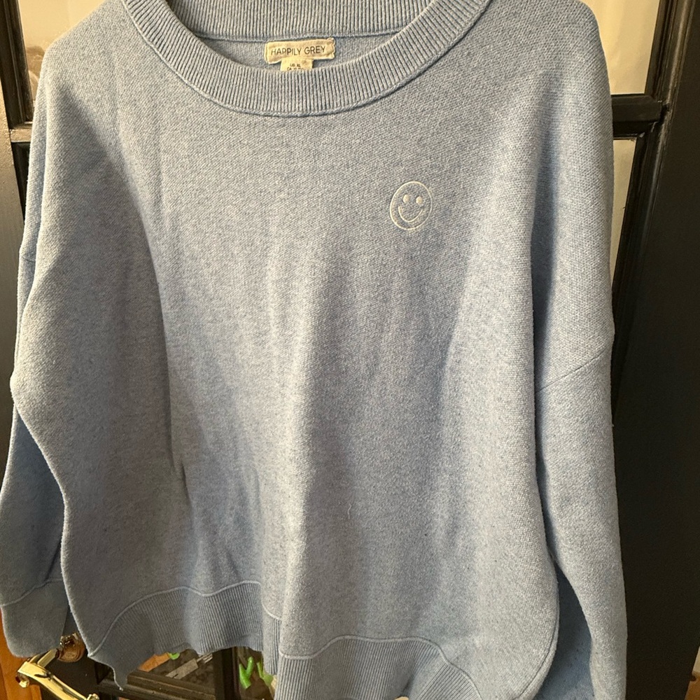 Happily Grey Crew Neck Sweater Womens XL Soft Light Blue Happy Face Logo